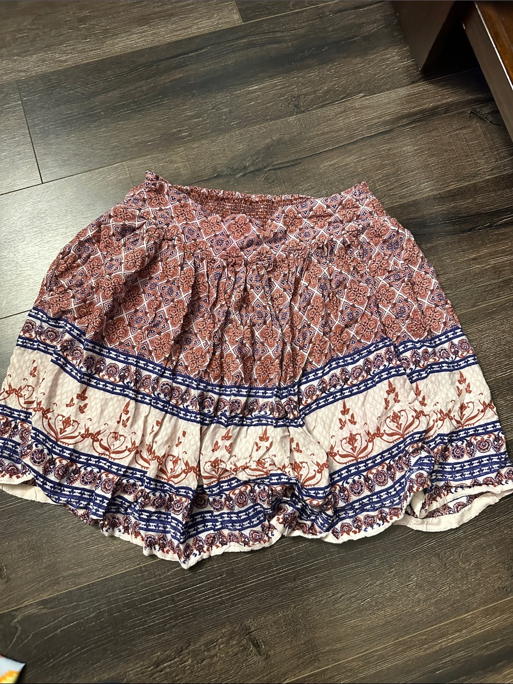 Boho Cream, Rust & Navy Printed Smocked Waist Skater Skirt